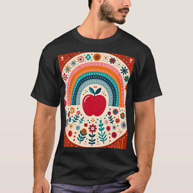 Scandinavian Folk Art Red Apple and Rainbow family T-Shirt (Front)