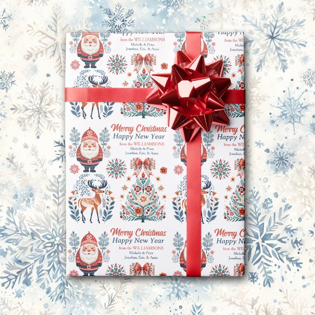 Scandinavian Folk Art Red Teal Christmas Images Wrapping Paper (Creator Uploaded)