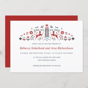 Scandinavian Folk Art Reindeer and Hearts Wedding Invitation