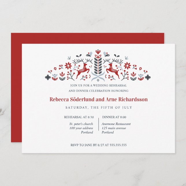 Scandinavian Folk Art Reindeer Rehearsal Dinner Invitation (Front/Back)