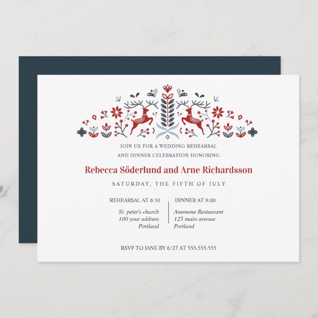 Scandinavian Folk Art Reindeer Rehearsal Dinner Invitation (Front/Back)