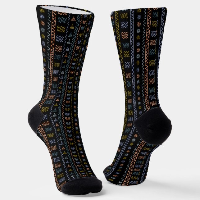 Scandinavian Folk Art Socks with Sun & Wave Patter (Angled)