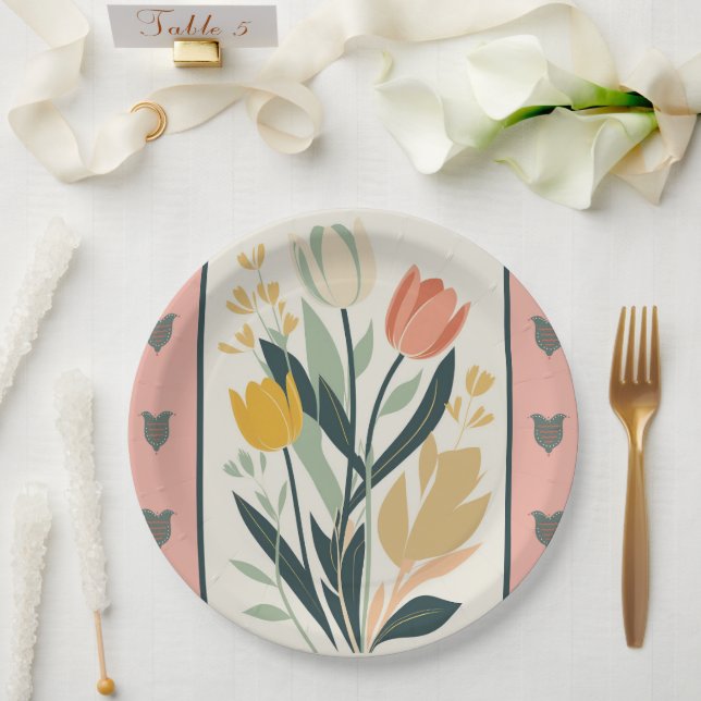 Scandinavian Folk Art Tulips Paper Plate (Wedding)
