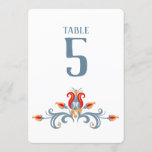 Scandinavian Folk Art Velkommen Table Number<br><div class="desc">This Scandinavian inspired table number features a floral folk art design done in the traditional Scandinavian tole painting style. The design on both the front and the back has a blue swirl design with orange, grey and red flowers on a white background. The numbers can be edited to accommodate the...</div>