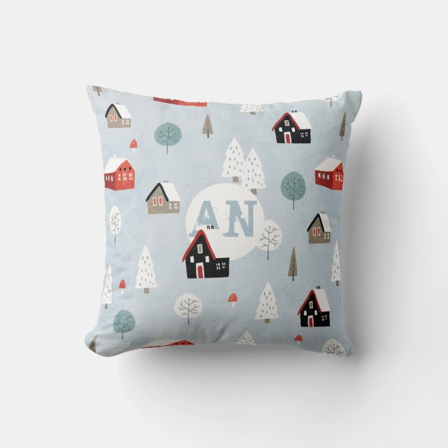 Scandinavian Folk Art Village Monogram Initials Cushion (Front)