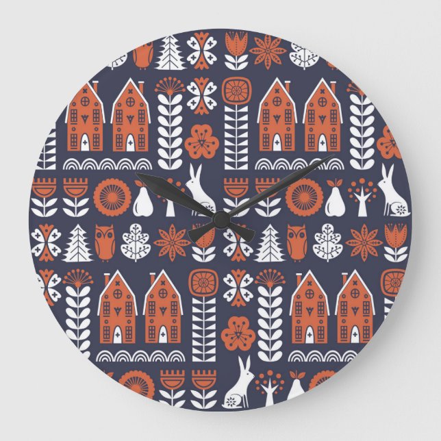 Scandinavian Folk Art Vintage Pattern Large Clock (Front)