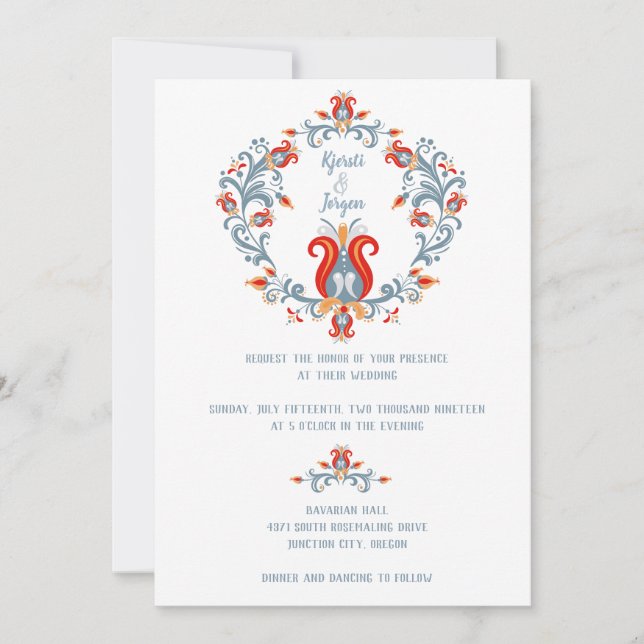 Scandinavian Folk Art Wedding Invitation Blue (Front)