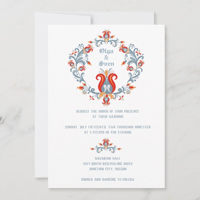 Scandinavian Folk Art Wedding Invitation Blue (Front)