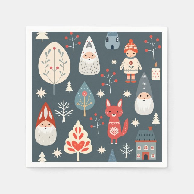 Scandinavian folk art with Christmas gnomes  Napkin (Front)