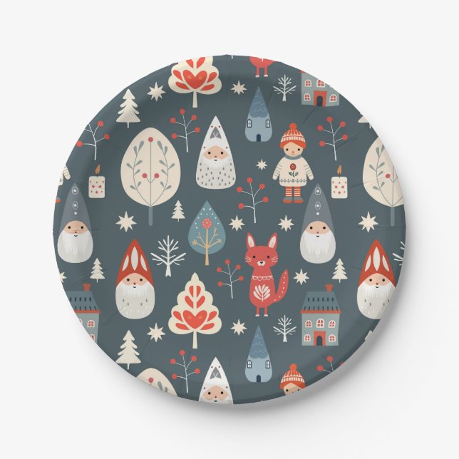 Scandinavian folk art with Christmas gnomes  Paper Plate (Front)