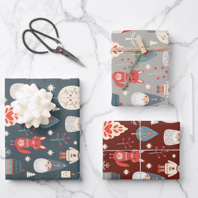 Scandinavian folk art with Christmas gnomes  Wrapping Paper Sheet (Front)