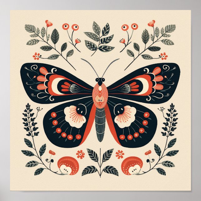 Scandinavian Folk Butterfly Art Poster (Front)