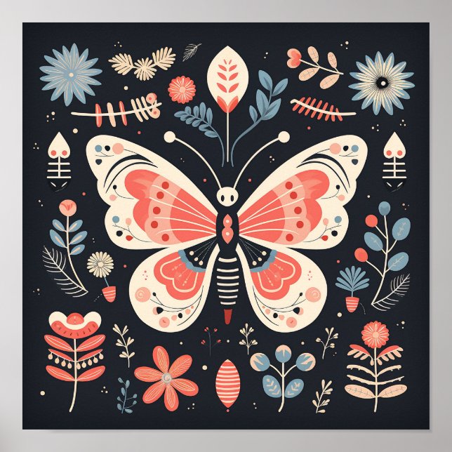 Scandinavian Folk Butterfly Art Poster (Front)