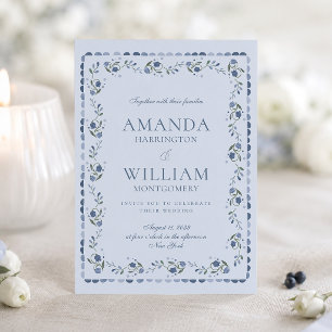 Scandinavian Folk Dusty Blue Wedding Invitation