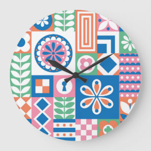 Scandinavian Folk Floral Abstract Pattern Large Clock