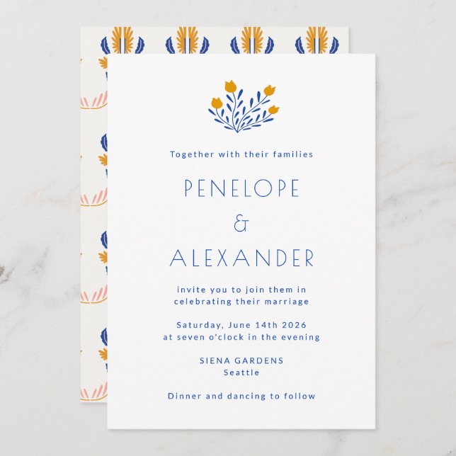 Scandinavian Folk Floral Blue Yellow Wedding Invitation (Front/Back)