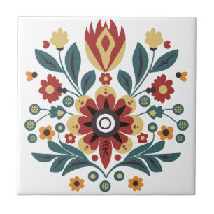 Scandinavian Folk Floral Motif Ceramic Tile