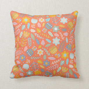 Scandinavian Folk Floral Pattern in Orange Cushion