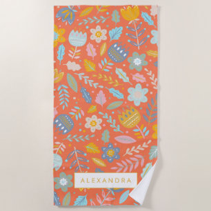 Scandinavian Folk Floral Pattern in Orange Name Beach Towel