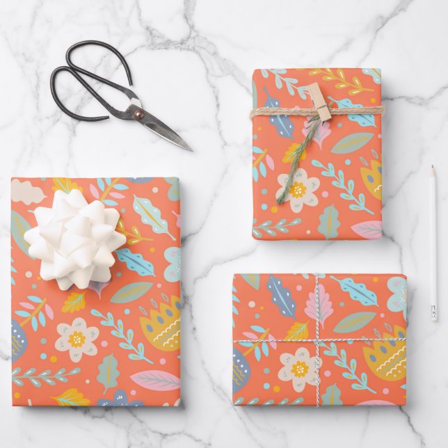 Scandinavian Folk Floral Pattern in Orange Wrapping Paper Sheet (Front)