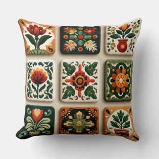 Scandinavian Folk Floral Tile Pattern Throw Pillow