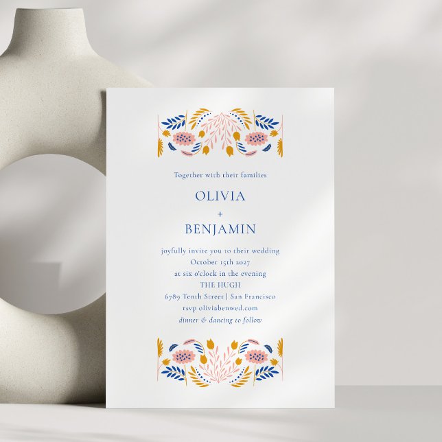 Scandinavian Folk Flowers Blue Yellow Chic Wedding Invitation (Creator Uploaded)