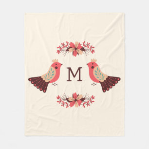 Scandinavian folk motif with birds and flowers fleece blanket