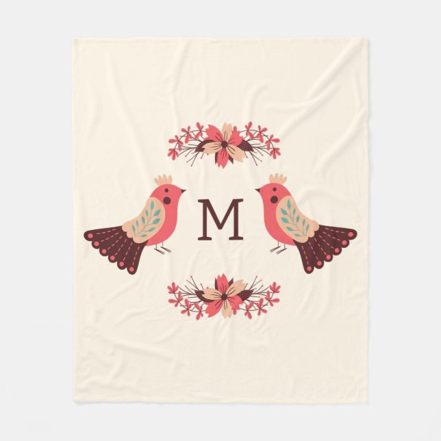 Scandinavian folk motif with birds and flowers fleece blanket (Front)