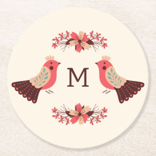 Scandinavian folk motif with birds and flowers round paper coaster