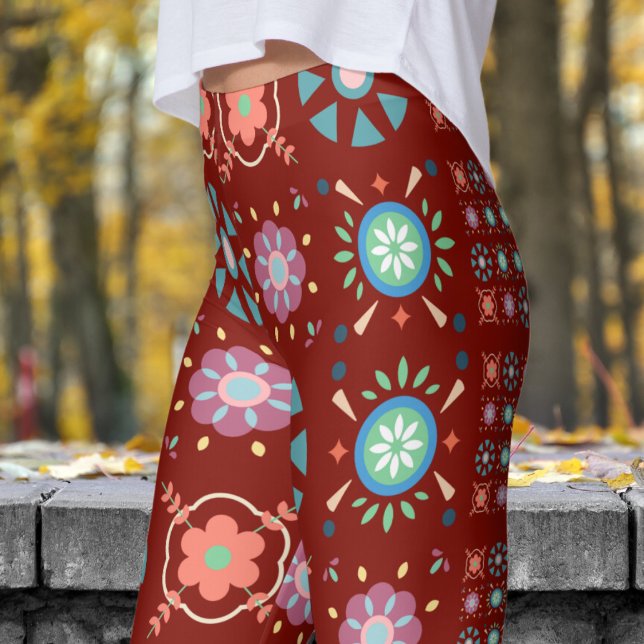 Scandinavian Folk on Barn Red Pattern Leggings (Bold on Red Scandinavian Folk Pattern Leggings)