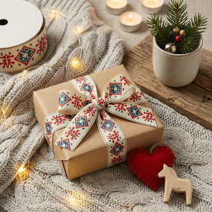 Scandinavian Folk Pattern Holiday Ribbon Grosgrain Ribbon