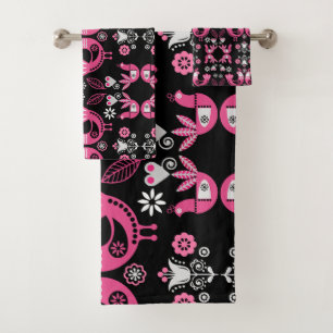Scandinavian Folk Pink And White Birds Bath Towel Set
