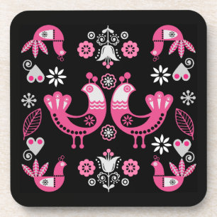 Scandinavian Folk Pink And White Birds Coaster