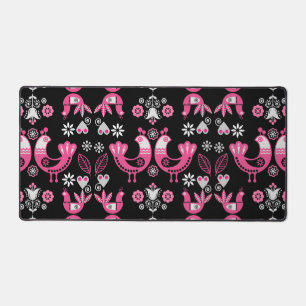 Scandinavian Folk Pink And White Birds Desk Mat
