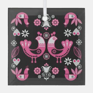 Scandinavian Folk Pink And White Birds Glass Tree Decoration