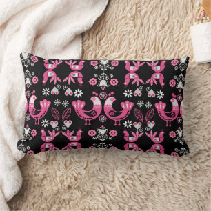 Scandinavian Folk Pink And White Birds Lumbar Cushion