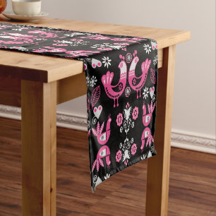 Scandinavian Folk Pink And White Birds Short Table Runner