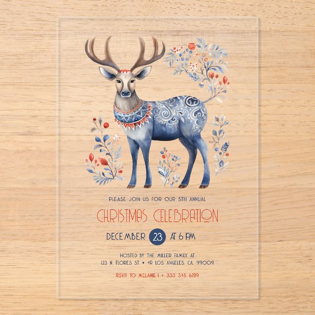 Scandinavian Folk Reindeer Christmas Party Invite Acrylic Invitations (Front)