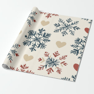 Scandinavian Folk Snowflakes and Hearts Christmas Wrapping Paper