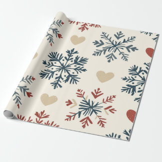 Scandinavian Folk Snowflakes and Hearts Christmas Wrapping Paper
