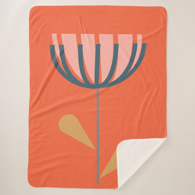 Scandinavian Folk Style Floral Art Orange Flower Sherpa Blanket (Front)