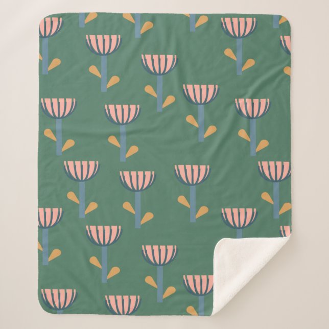 Scandinavian Folk Style Floral Pattern in Green Sherpa Blanket (Front)