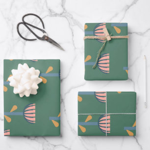 Scandinavian Folk Style Floral Pattern in Green Wrapping Paper Sheet