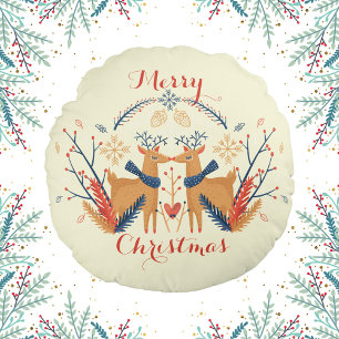 Scandinavian Folk Woodland Deer Round Cushion