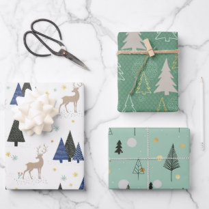 Scandinavian Forest Christmas Trees Set of 3 Wrapping Paper Sheet