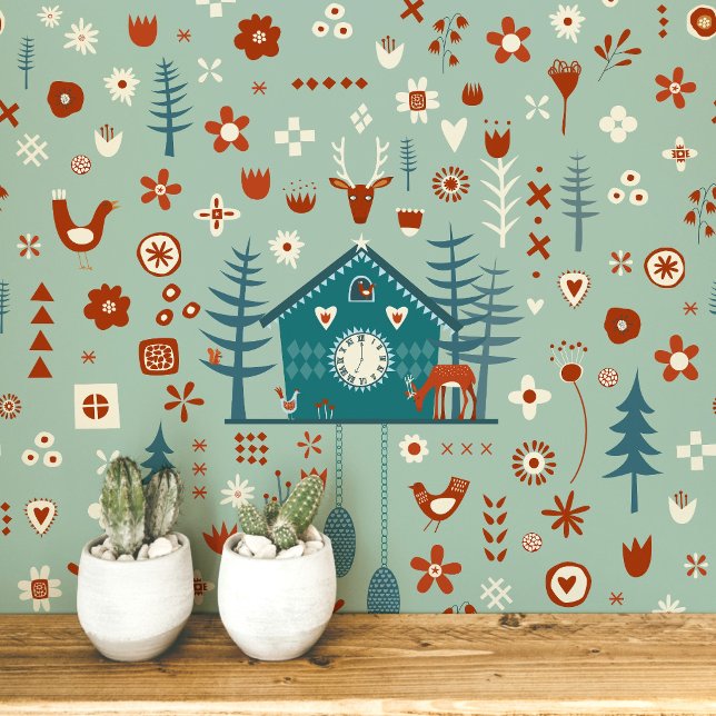 Scandinavian Forest Pattern Wallpaper (Scandinavian Forest sage teal green folk art peel and stick wallpaper)