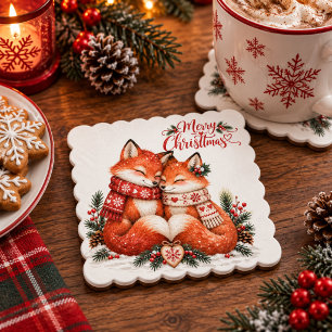 Scandinavian Fox Couple Christmas Party Nordic Paper Coaster