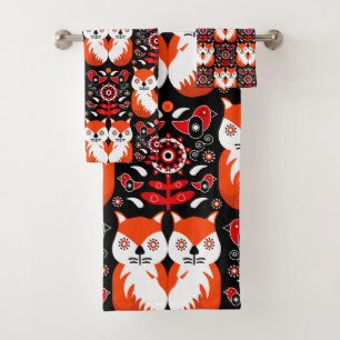 Scandinavian Fox Folk Art Bath Towel Set