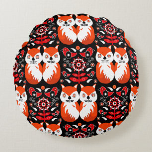 Scandinavian Fox Folk Art Round Cushion