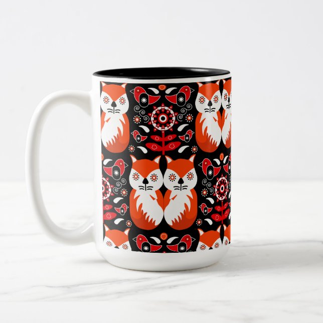 Scandinavian Fox Folk Art Two-Tone Coffee Mug (Left)